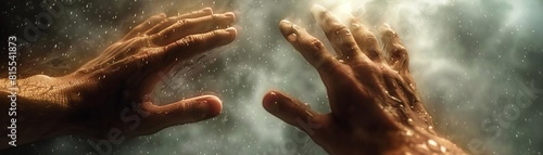 Closeup of hands reaching towards a stormy sky  symbolizing hope and faith during adversity  highspeed macro style