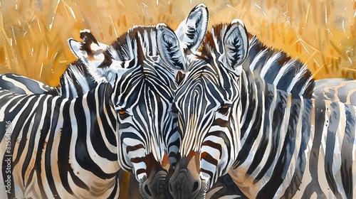 Watercolor painting of a group of zebras with their striking black and white stripes, huddled together, the contrast vivid against the savannah backdrop © Alpha