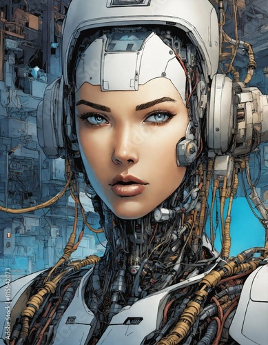 A comic book panel about robots taking over the world, detailed comic art. comic book cover art. photorealistic ink art. mnimal, close up androids face, wires coming off.
