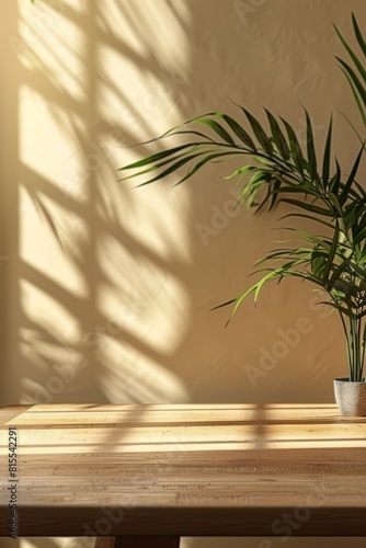 Empty wooden table in front and beige wall background for product display