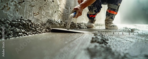 Construction worker smoothing concrete with a trowel, the texture sharply detailed, highspeed macro style photo