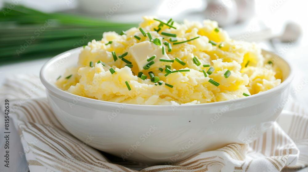 Fluffy mashed potatoes with butter and chives served in a white ceramic bowl. Fluffy mashed potatoes with butter and chives served in a white ceramic bowl.