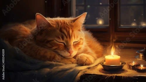 Cute ginger cat sleeping on the windowsill with a burning candle.