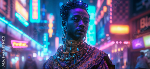 A young Black man in Afrofuturistic attire stands in a vibrant, neon-lit urban setting at night, blending traditional African culture with a futuristic cyberpunk aesthetic