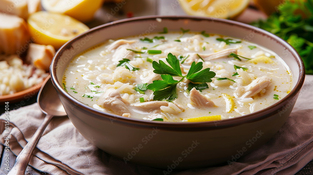 Greek avgolemono soup with chicken, rice, and lemon in a clear broth. Greek avgolemono soup with chicken, rice, and lemon in a clear broth.