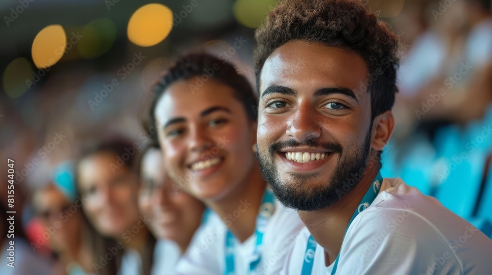 Olympic Paris Focus on a happy man audience smiling smiling Sport , mascot, cheerful Olympic Paris Focus on a happy man audience smiling smiling Sport , mascot, cheerful
