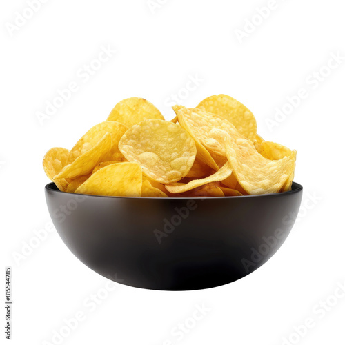 Potato chips in ceramic bowl isolated on transparent background.