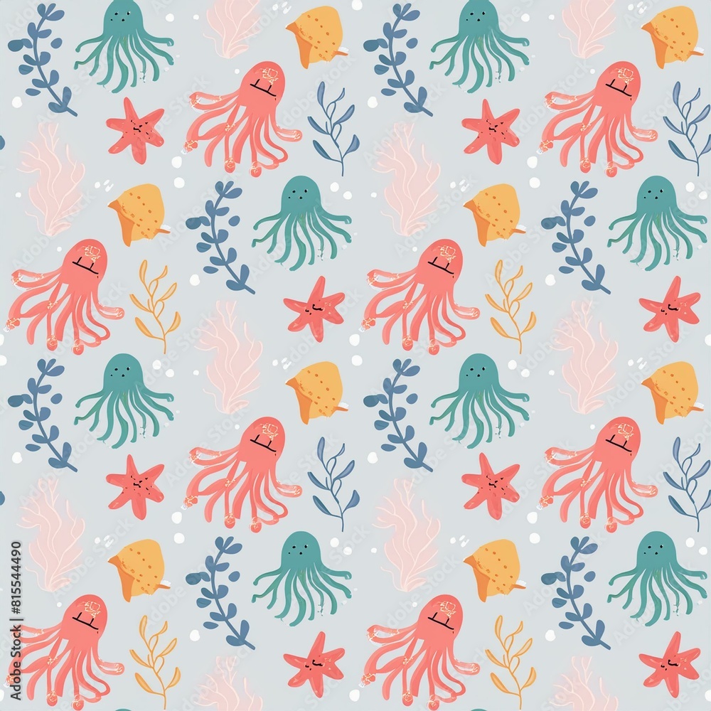a pattern with sea creatures like octopuses, jellyfish, and starfish intertwined a pattern with sea creatures like octopuses, jellyfish, and starfish intertwined