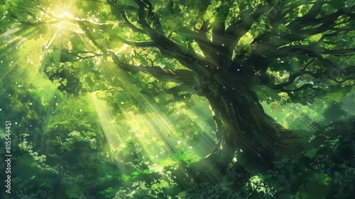 The stunning green tree bathed in sunlight with a glorious flare peeking through its branches from above The sun s rays filtered through the lush canopy of towering trees creating a dazzlin