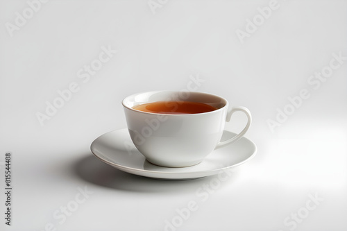 Wallpaper Mural A simple white ceramic teacup filled with amber beverage rests upon its matching saucer, isolated on a bright white background. Torontodigital.ca