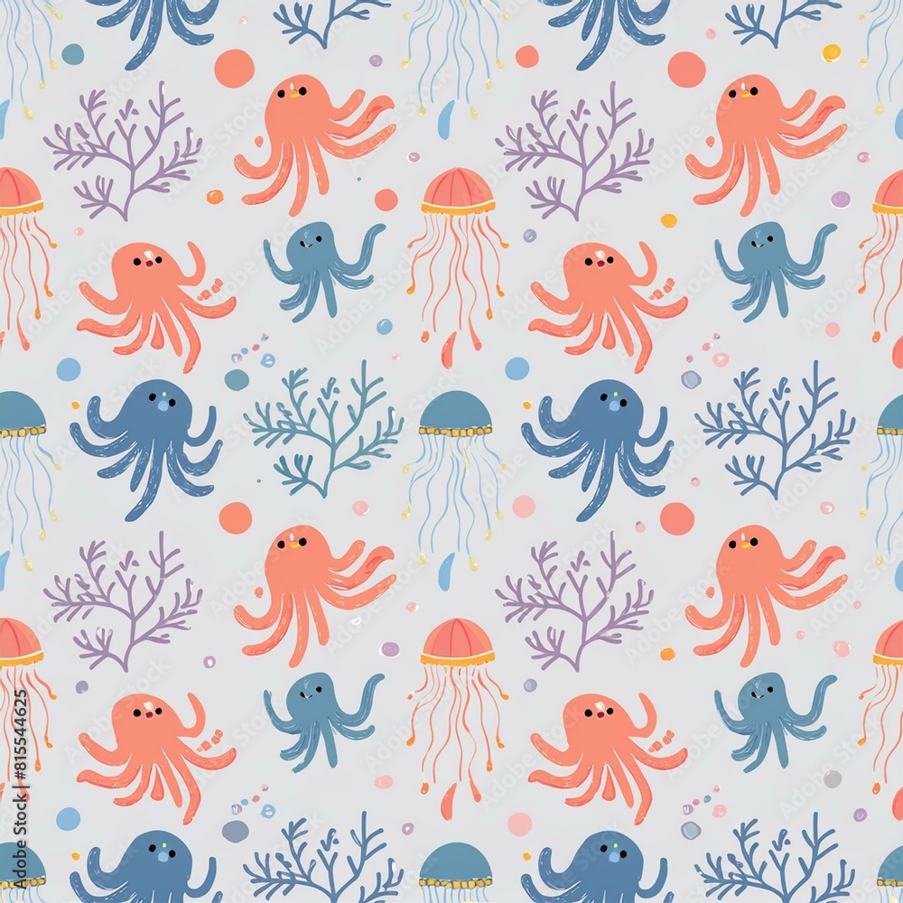 a pattern with sea creatures like octopuses, jellyfish, and starfish intertwined a pattern with sea creatures like octopuses, jellyfish, and starfish intertwined