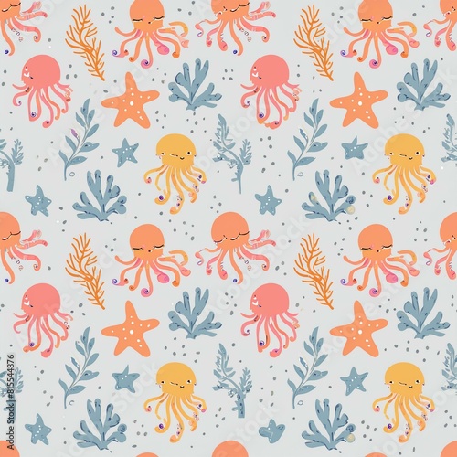 a pattern with sea creatures like octopuses, jellyfish, and starfish intertwined