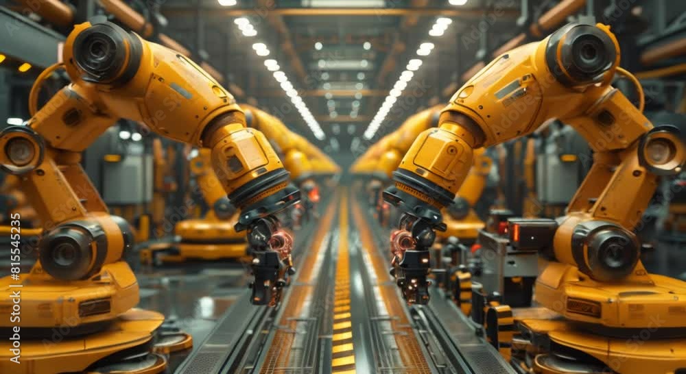 A photorealistic view of a robotic assembly line in an automobile factory A photorealistic view of a robotic assembly line in an automobile factory