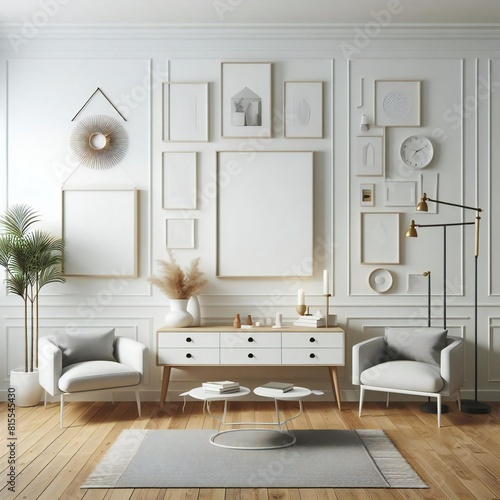 A Room with a template mockup poster empty white and with white walls and a white dresser and chairs art realistic photo used for printing.