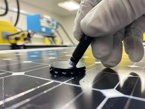 Applying conductive adhesive to bond components in the solar panel photo