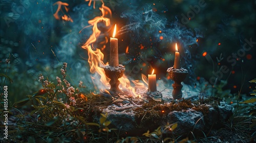 Candles and fortune telling magic in the forest. Selective focus. photo
