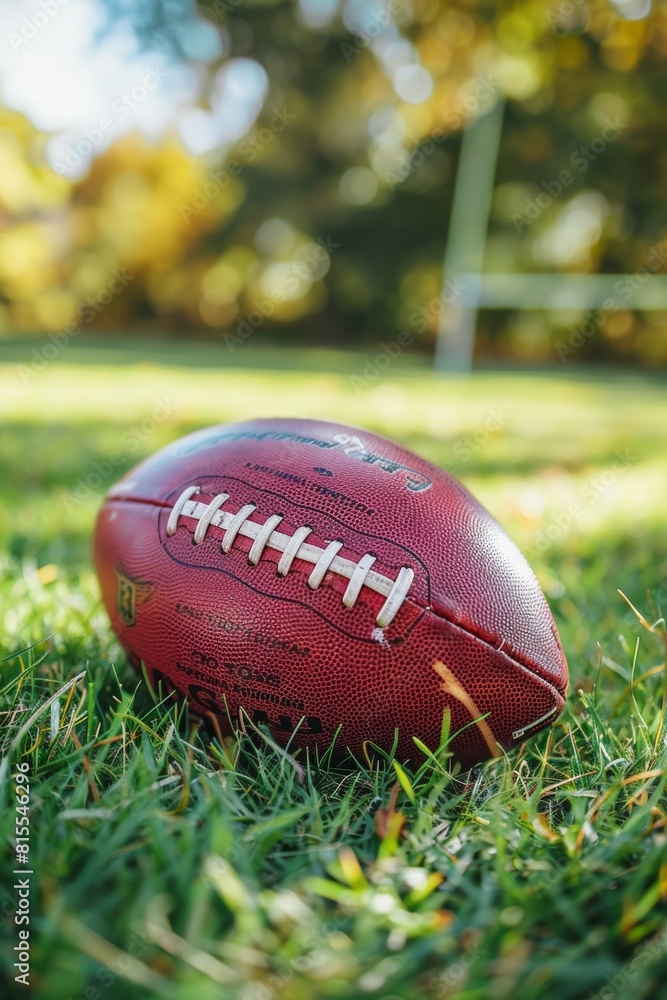 American football on green stadium grass with plenty of space available for strategic text placement American football on green stadium grass with plenty of space available for strategic text placement