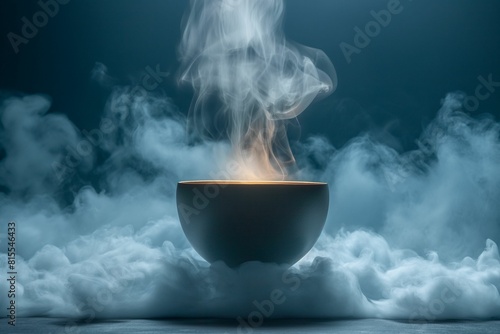 Mysterious Steaming Bowl in a Cloud of Smoke on Dark Background