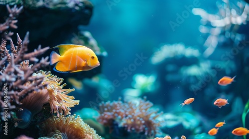 Yellow fish swims in tank surrounded by other fish.