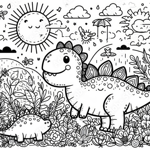 Dinosaur Adventure in Colors  Cartoon Illustration for Coloring