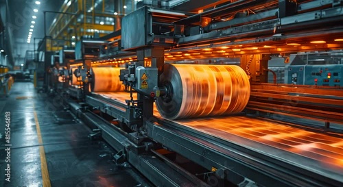 A photorealistic picture of a printing press printing newspapers at high speed