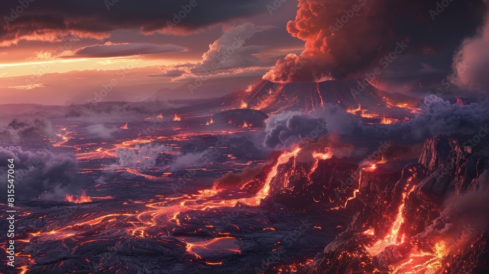 Dramatic depiction of overspending through vivid lava flows and thick smoke, sharply focused against a dark sky backdrop Dramatic depiction of overspending through vivid lava flows and thick smoke, sharply focused against a dark sky backdrop