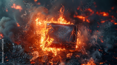 Dramatic close-up of a leather wallet on fire, with molten lava and smoke enveloping the scene, isolated on a dark sky backdrop