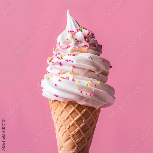 An ice cream cone adorned with colorful sprinkles on a lively pink background