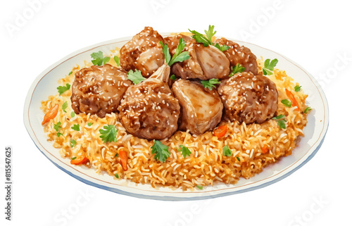 Watercolor illustration of plov or pilaf isolated on a transparent background. A plate of rice, vegetables, spices and meat. Traditional Arabic holiday food. Halal meat food for Ramadan, Kareem, Eid.