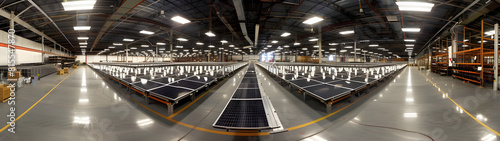 Panoramic view of the manufacturing facility with rows of half-assembled solar panels