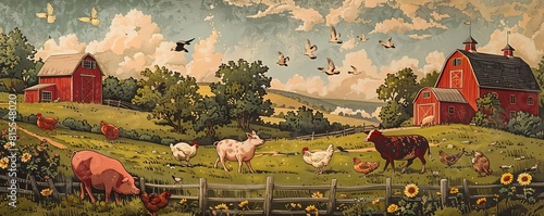 Illustrate a lively birds eye perspective of a bustling farmyard teeming with various domestic animals Show charming details like a curious piglet trotting alongside a clucking hen photo