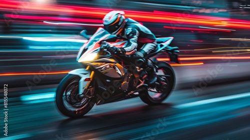 Motorcycle racer speeding past with neon lights streaking in the background, AI-generated.