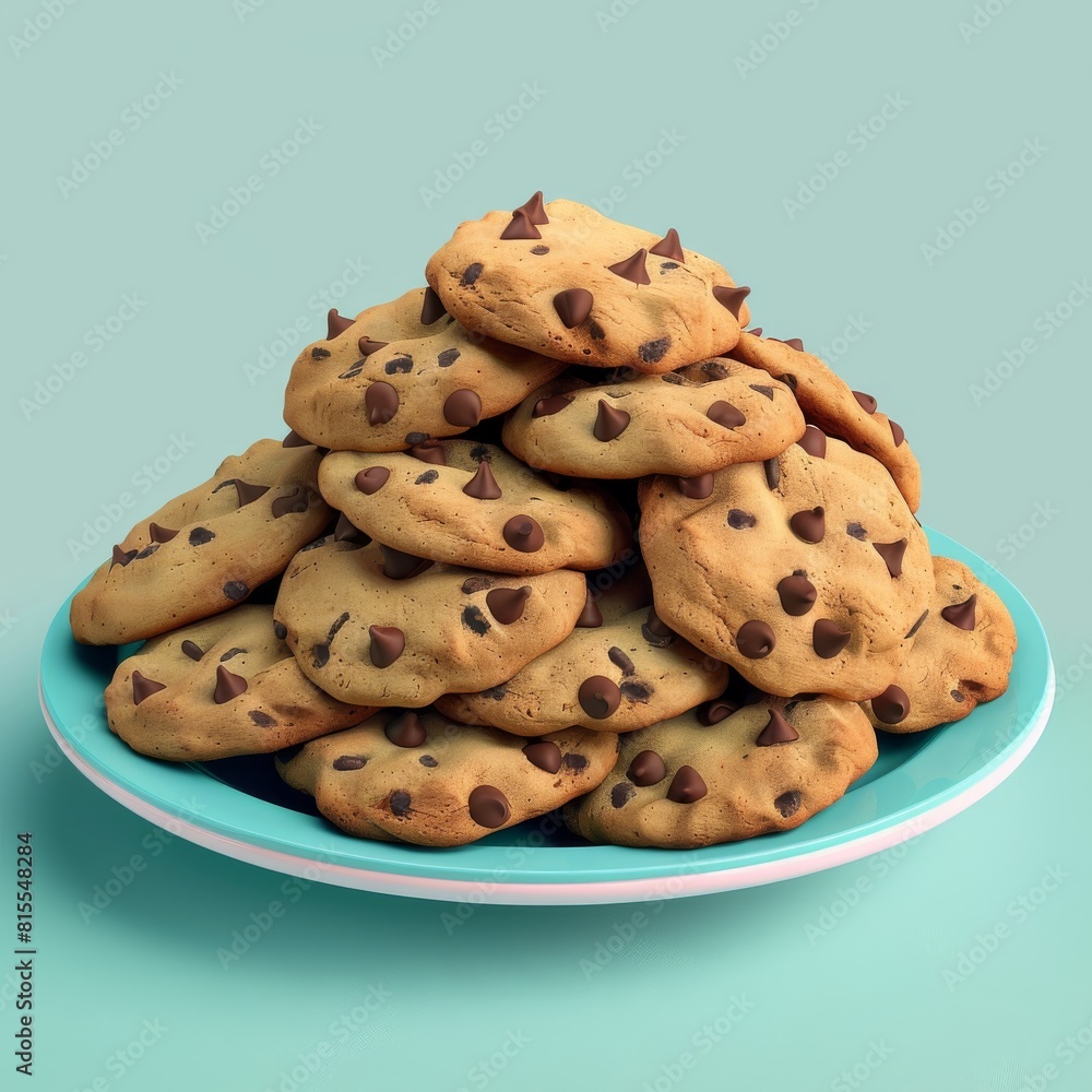 A decadent stack of chocolate chip cookies on a vibrant blue plate A decadent stack of chocolate chip cookies on a vibrant blue plate