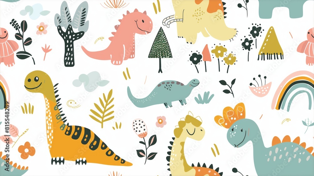 cute dinosaurs, clouds, flowers, trees, rainbows patterns. in a minimalistic crayon doodle illustration style cute dinosaurs, clouds, flowers, trees, rainbows patterns. in a minimalistic crayon doodle illustration style