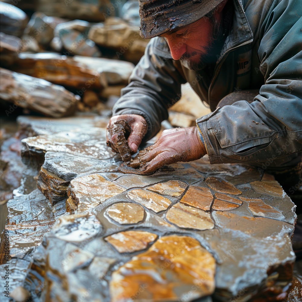 archeologist carefully extracting a fossilized footprint from a rock surface archeologist carefully extracting a fossilized footprint from a rock surface