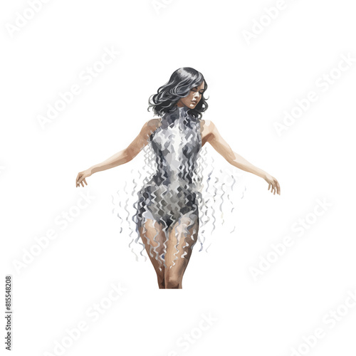 Chic Woman in Sequined Dress with Puppy. Vector illustration design.