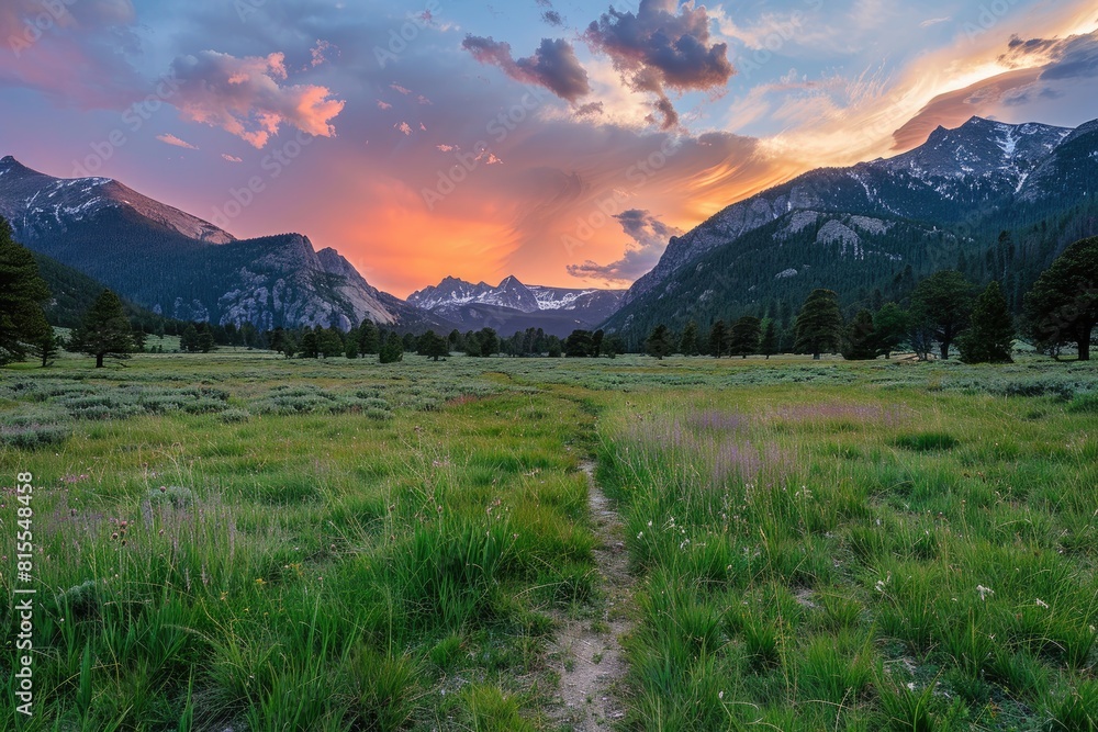 Meadow in Rocky Mountains Glowing at Sunset