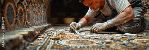 archeologist carefully restoring a mosaic floor in an ancient Roman villa