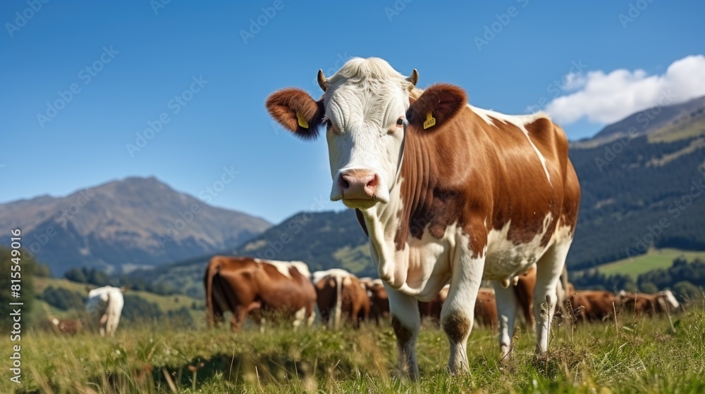 Brown and white cows grazing on pastures in summer sunset meadow Brown and white cows grazing on pastures in summer sunset meadow