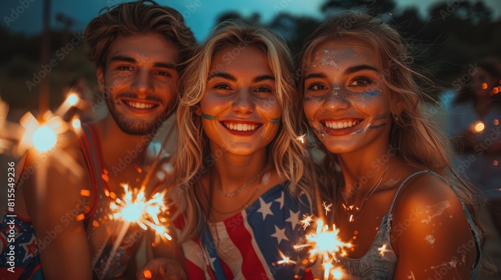 group of millennials wearing the American flag t-shirt is smiling and holding sparklers in hands, celebrating July 4th.