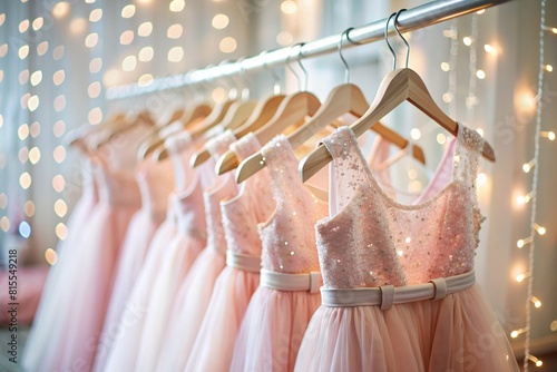 Rent dresses for events. Close-up. Children's evening fluffy pale pink dresses hang on white hangers on a rod in the salon store.