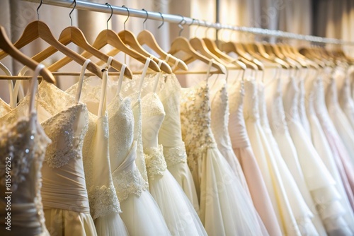 Rental and purchase of wedding dresses for events. Close-up. Wedding white dresses hang on white hangers on a rod in the bridal salon store. © Юлия Клюева