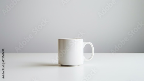 A white ceramic coffee mug is sitting on a white table against a white background.
