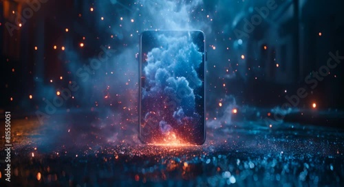 A surreal depiction of a smartphone where real stars fall into the screen as it receives reviews photo