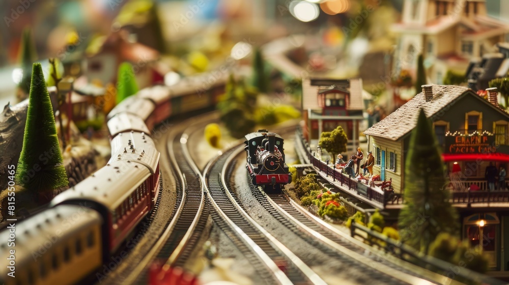 Elaborate Miniature Train Set with Tiny Buildings in Perspective View