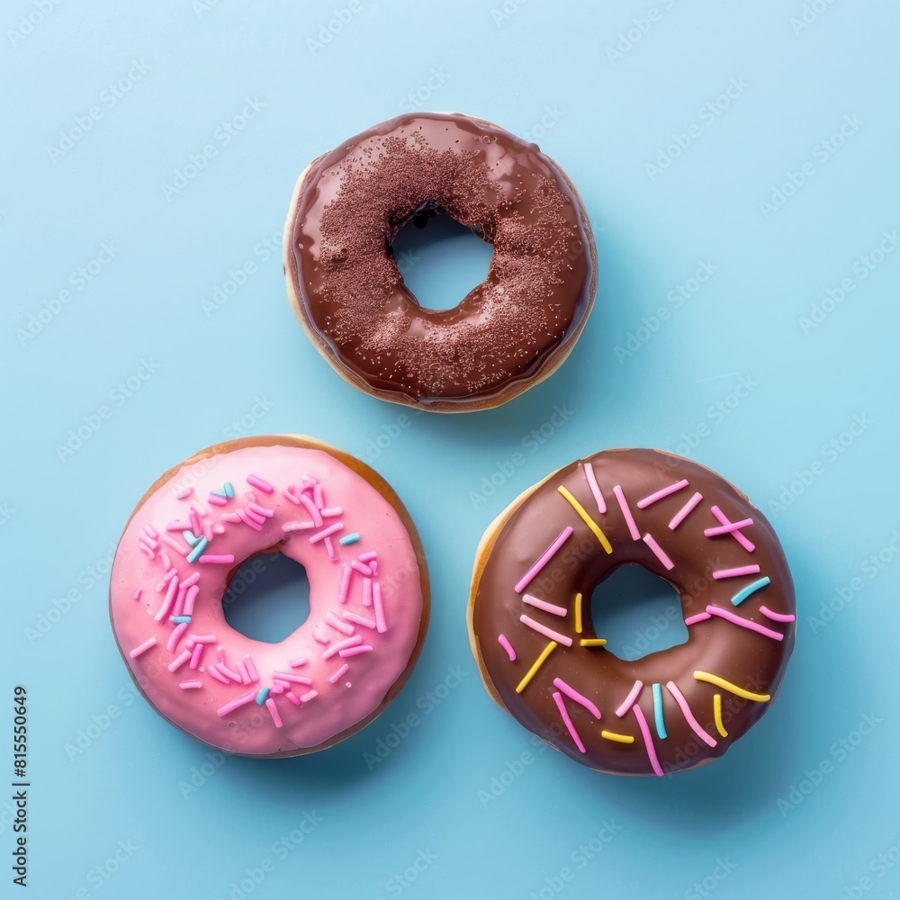 Three colorful donuts sitting elegantly on a vibrant blue background