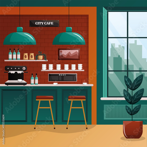 Empty cafe interior. Bar counter, chairs, coffee machine. Flat vector illustration with shadows and gradient. Retro colors.