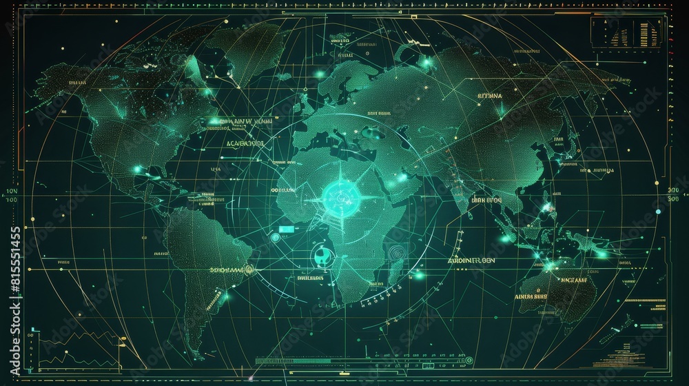 World map of terrain with radar interface. World map of terrain with radar interface.