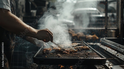 A person meticulously flips skewers of marinated meat over a charcoal grill, surrounded by rising smoke.
