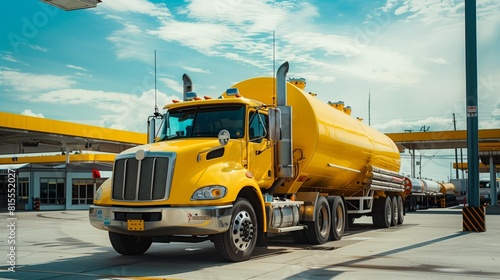 Bright Yellow Chemical Tanker Truck Loading at a Depot, Showcasing Industrial Logistics